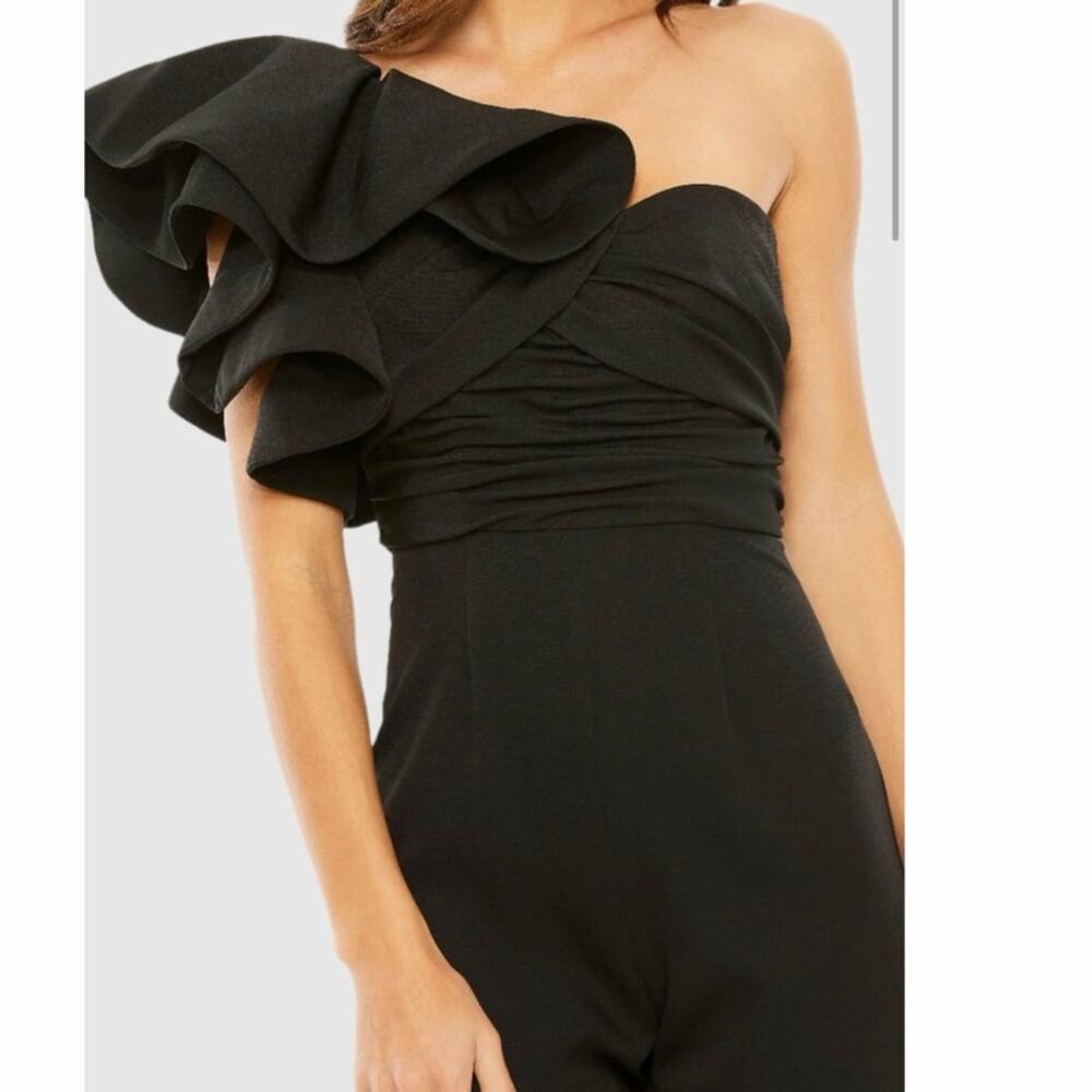 Mac Duggal Black One Shoulder Ruffle Detail Flare Pant Jumpsuit - Picture 3 of 6